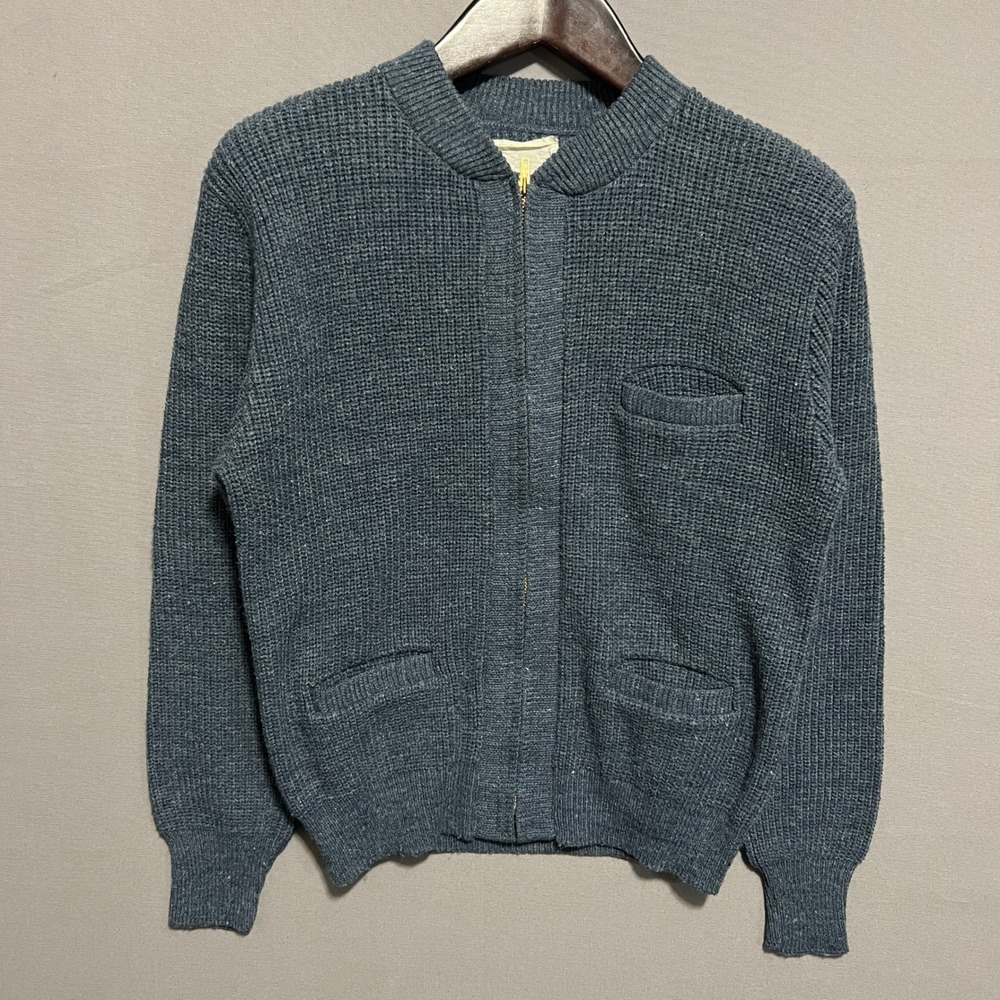 Vintage 70s USPS Mail Man Letter Boy Cardigan Sweater Blue Zip Front Talon M L